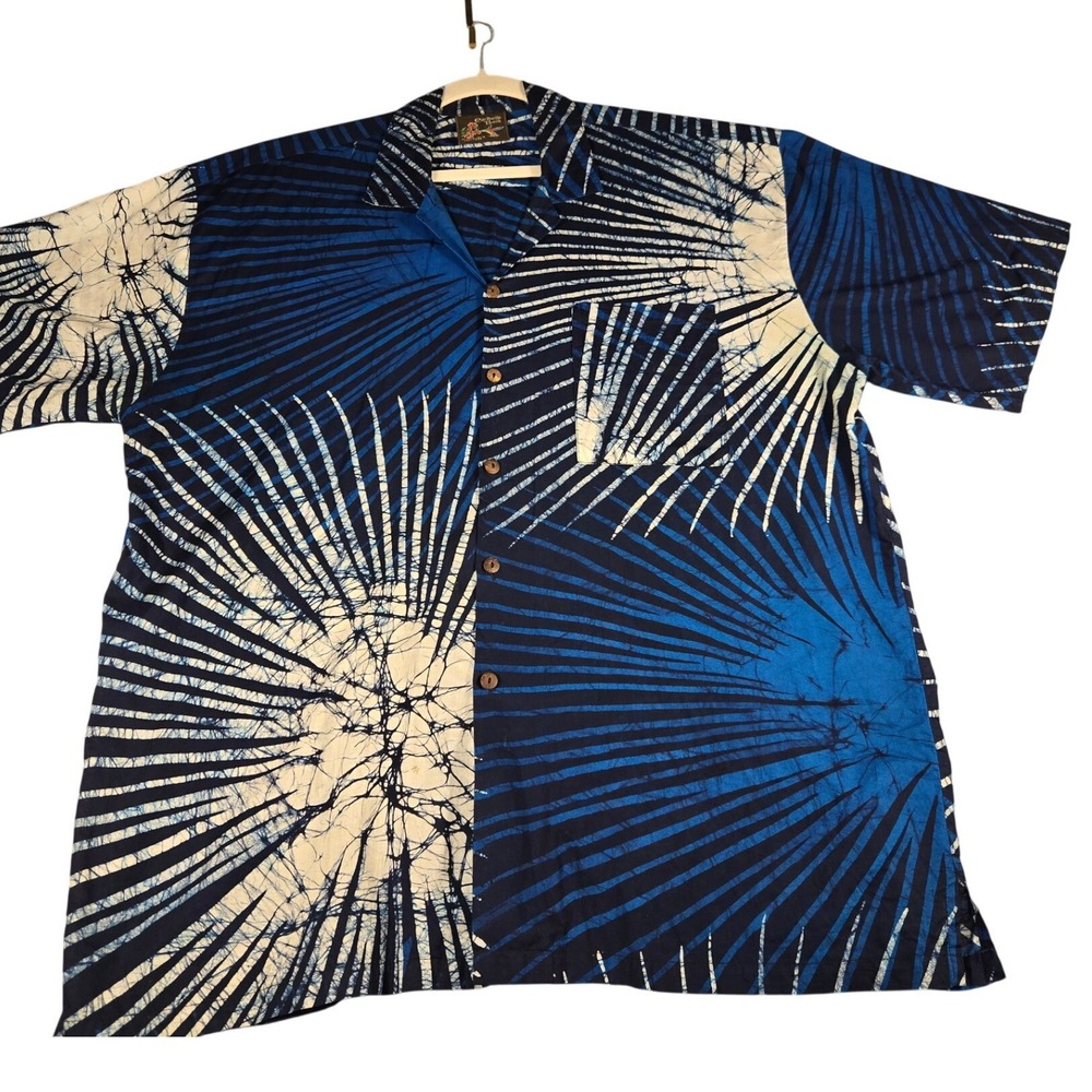 Caribelle Batik Mens Large Blue White Sunburst Cotton Button Down Shirt St Kitts